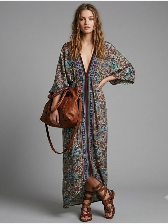 Earthbound Trading Co. Dresses & Skirts - Earthbound Paisley Print Maxi Dress Boho V-Neck Elastic Waist XL